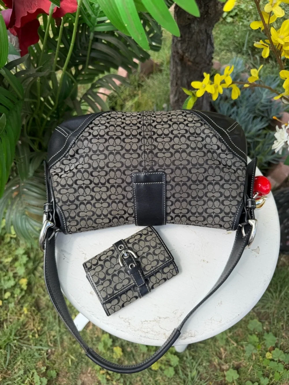 Coach Black and Brown Signature Canvas Shoulder Bag with Cherry Charm